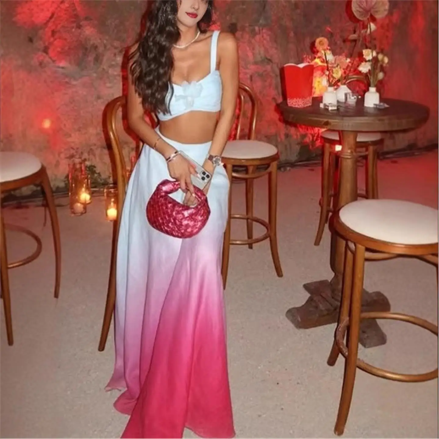 

Low Waist Maxi Print Fi Tail Skirt Sexy Strapl Top Set Ele Sle adient Pattern PVC Fabric Casual Pants