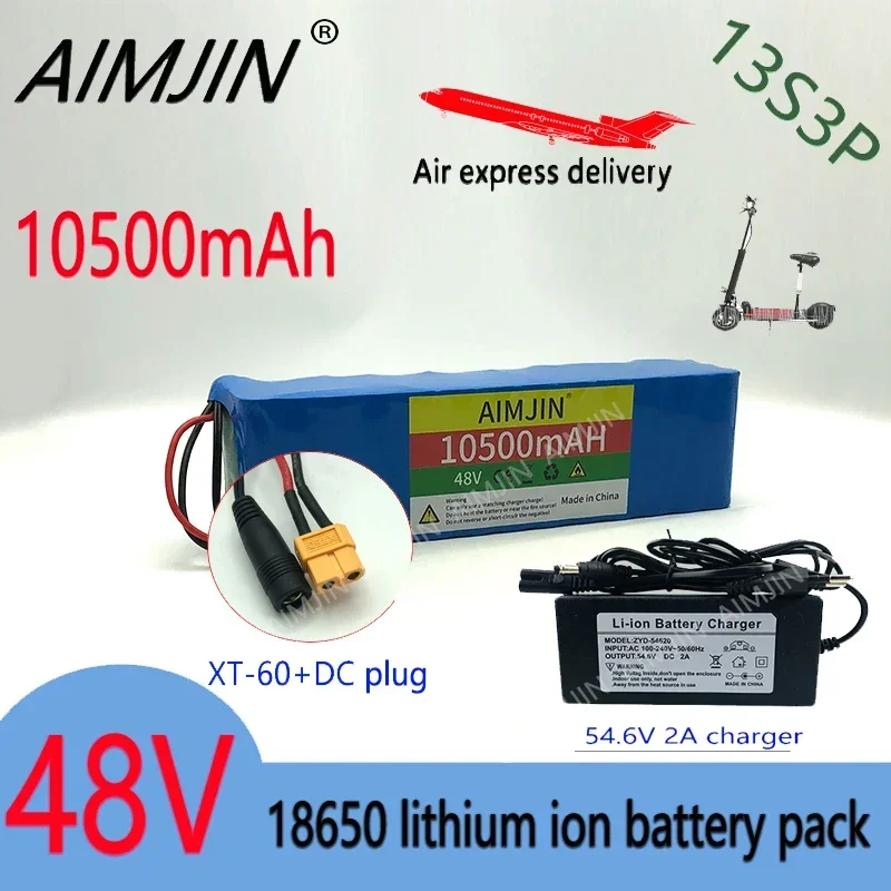 

AIMJIN 13S3P 48V 10500mAh 10.5Ah 18650 lithium-ion battery pack with 1000W BMS for 54.6V icycles,Scooters Spare parts +Charger