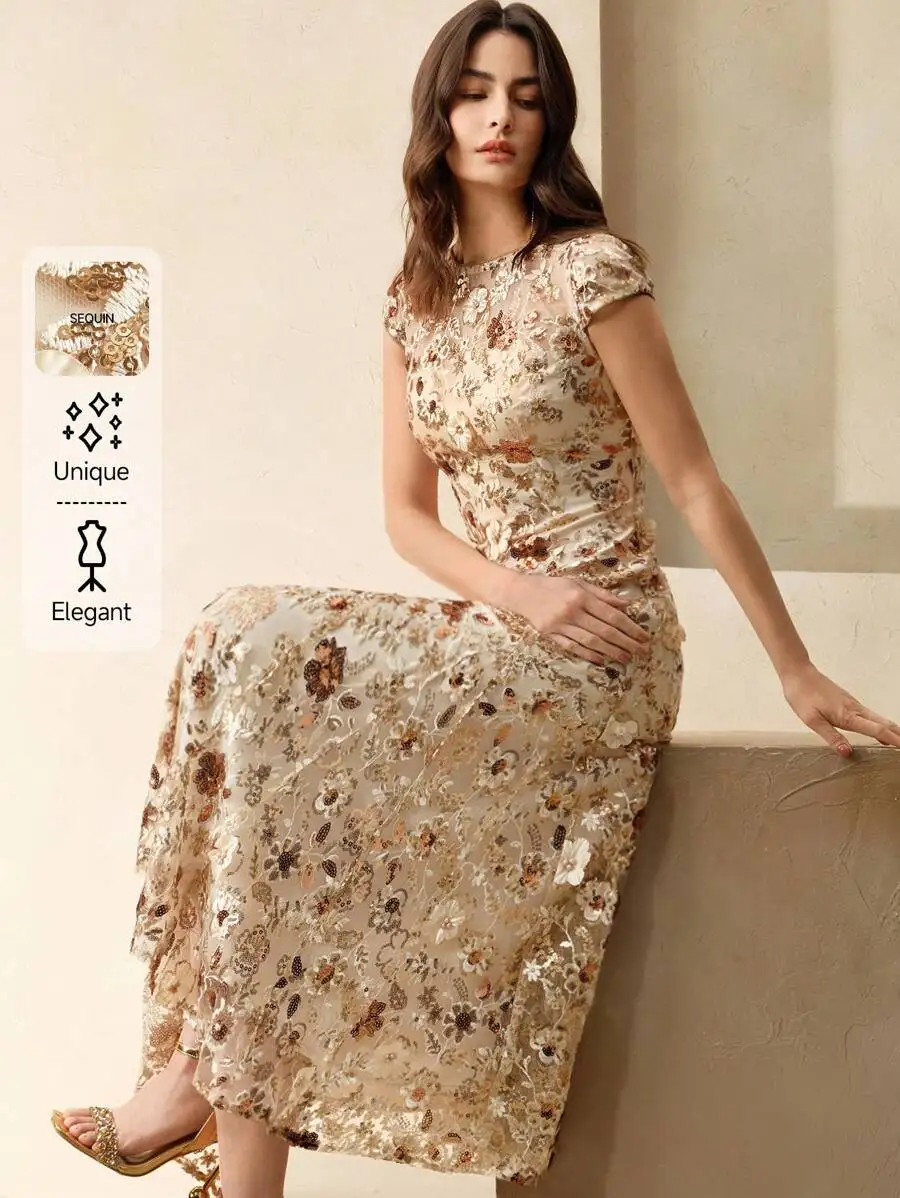 

Champagne Floral Sequin Embroidered Mesh Overlay Short Sleeve Midi Dress
