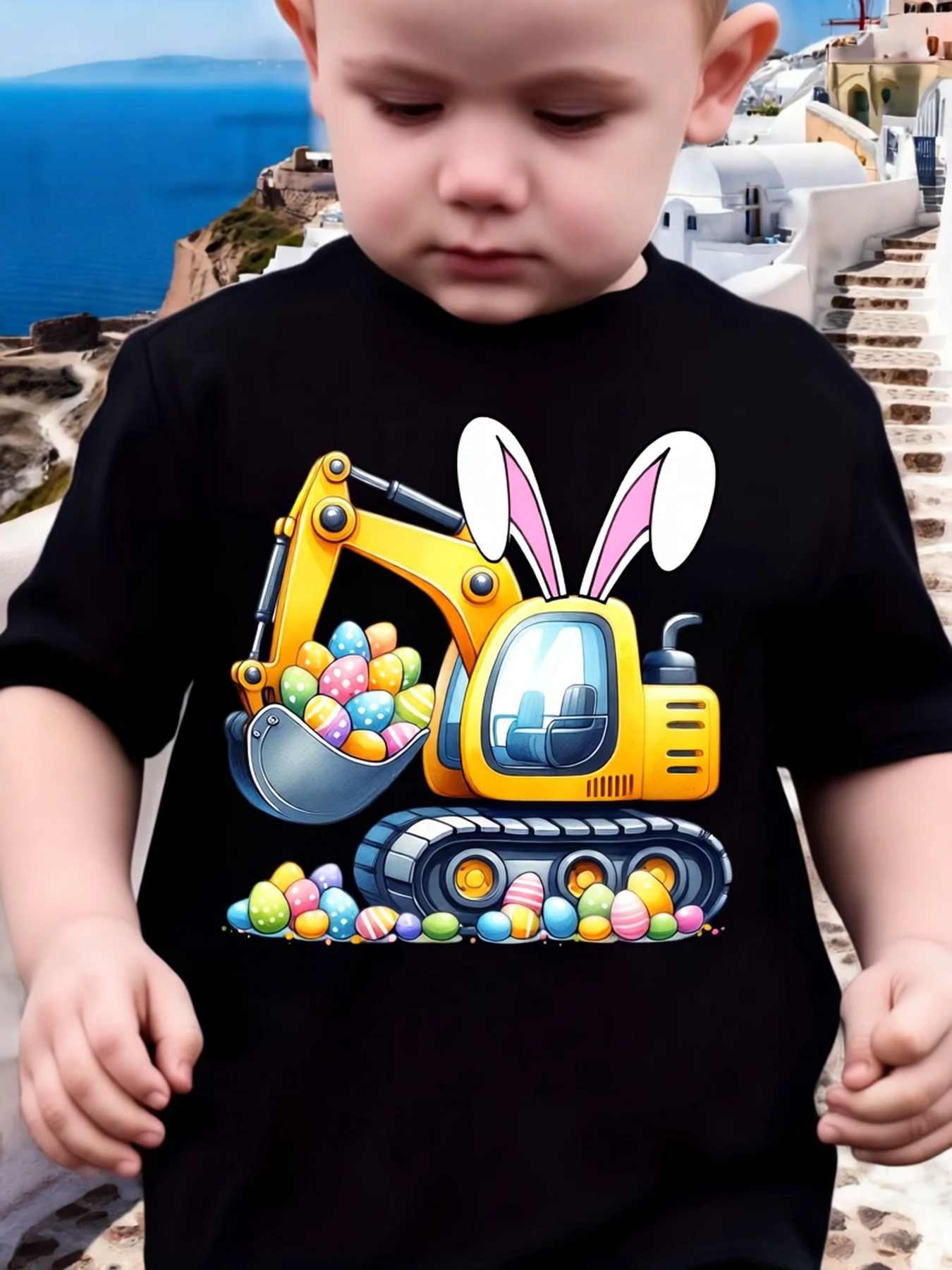 Kids Boys Short‑Sleeve Tee, New Summer Easter Cartoon Excavator Graphic Print, Fashion Casual Children Holiday T‑Shirt