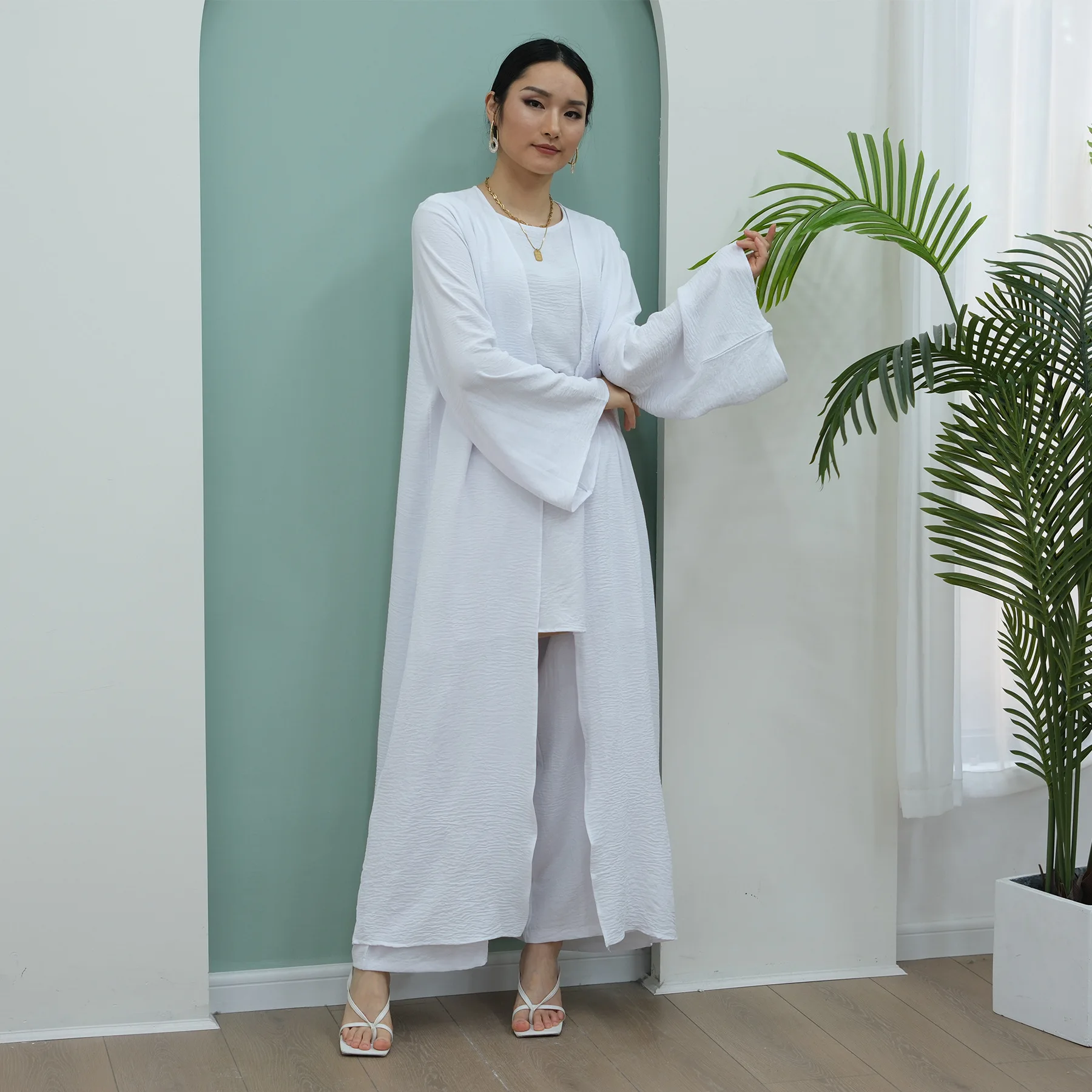 Eid Women Abaya Suit 3 Piece Set Top Cardigan Robe Pants Ramadan Arabic Trousers Outfits Morocco Dubai Islam Ensemble 2026