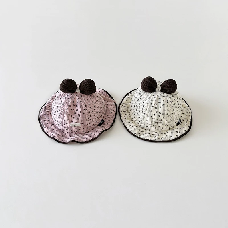 

Autumn Winter Baby Fisherman Hats Floral Pattern Kids Girls Sun Hat Bow Accessories Thick Corduroy Children Bucket Caps