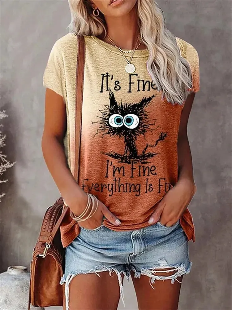 Camisetas con estampado 3D de gatos de dibujos animados para mujer, ropa de calle informal a la moda, camiseta de manga corta con cuello redondo,