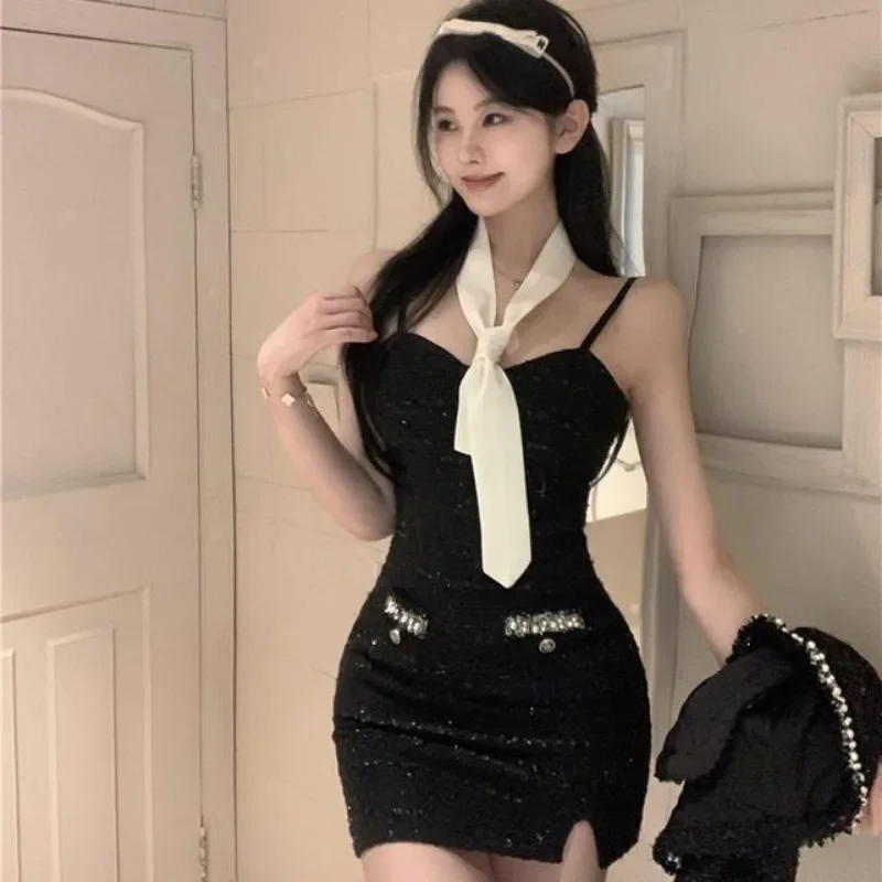 Temperament Spicy Girl Hanging Hip Wrap Dress Coat Two Piece Set Women Diamond Tie Celebrity Black Slim Banquet Female Dressing