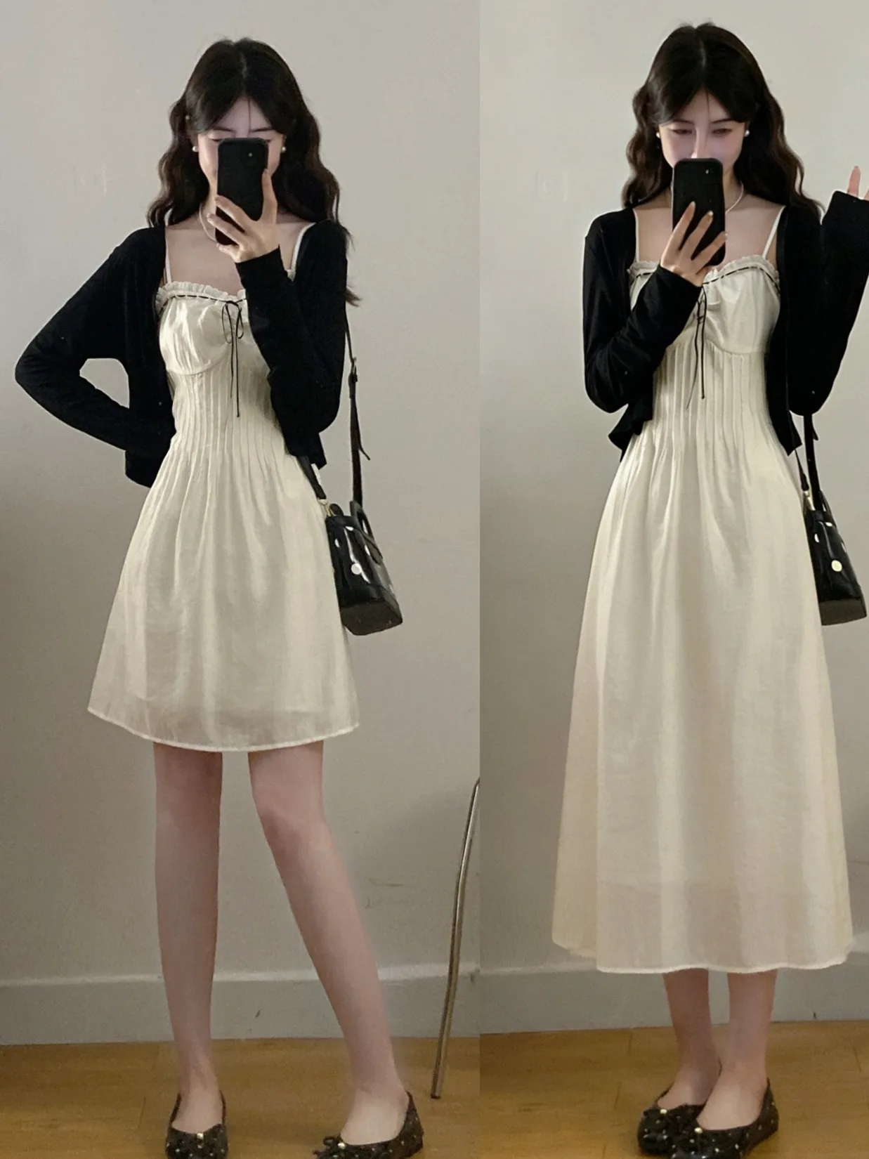 

plus Size Women's Gentle Style Bow Tie Pleated Cover up Summer New Waist Cinching a Line Dress Long Sleeve High Waist Korean ...