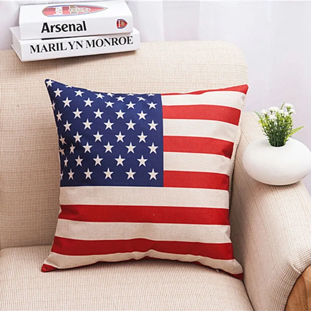 American Flag Star Flax Pillowcase Independence Day Headrest Pillow Cover Freedom 18x18'' 4th of July Decoration