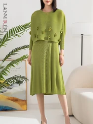 LANMREM Pleated Fashion 2 Pieces Set Batwing Sleeves Spliced Nail Bead Tops Sleeveless High Waist A-line Dresses 2024 2YA1252