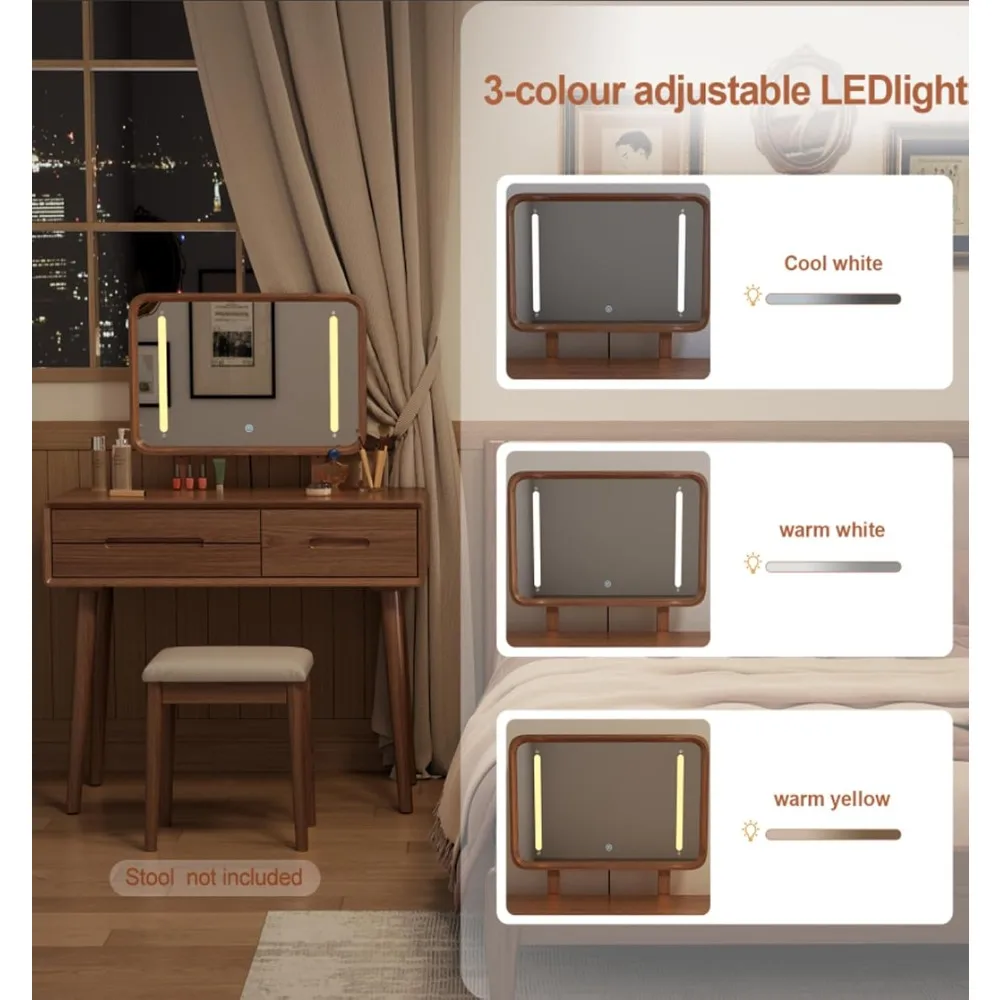 طاولة مكياج خشبية طبيعية مع مرآة مضاءة، طاولة تزيين خشبية صلبة مع 3 أوضاع إضاءة سطوع قابل للتعديل