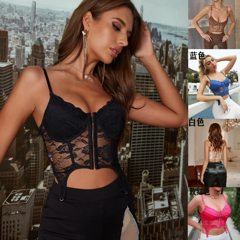 Summer Mesh Sexy Bustier Tops for Women Lace Corset Top Spaghetti Strap Boned Going Out Crop Top