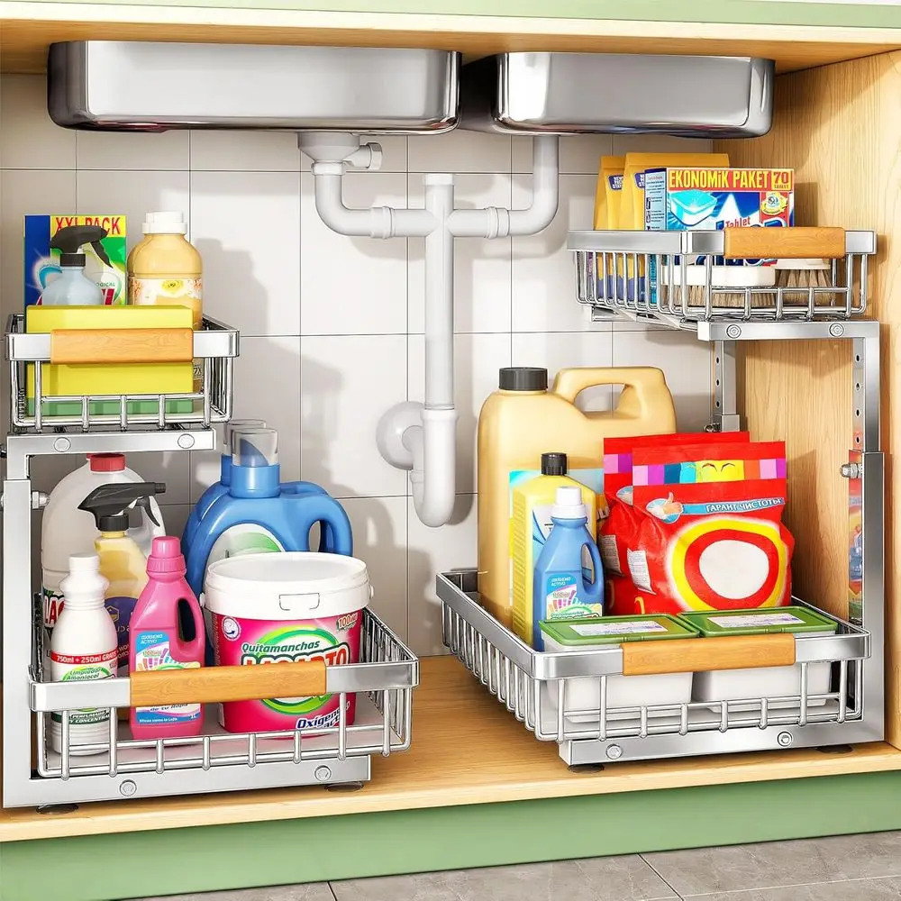 

2-Pack Stainless Steel 2-Tier Under Sink Organizers for Kitchen and Bathroom Storage