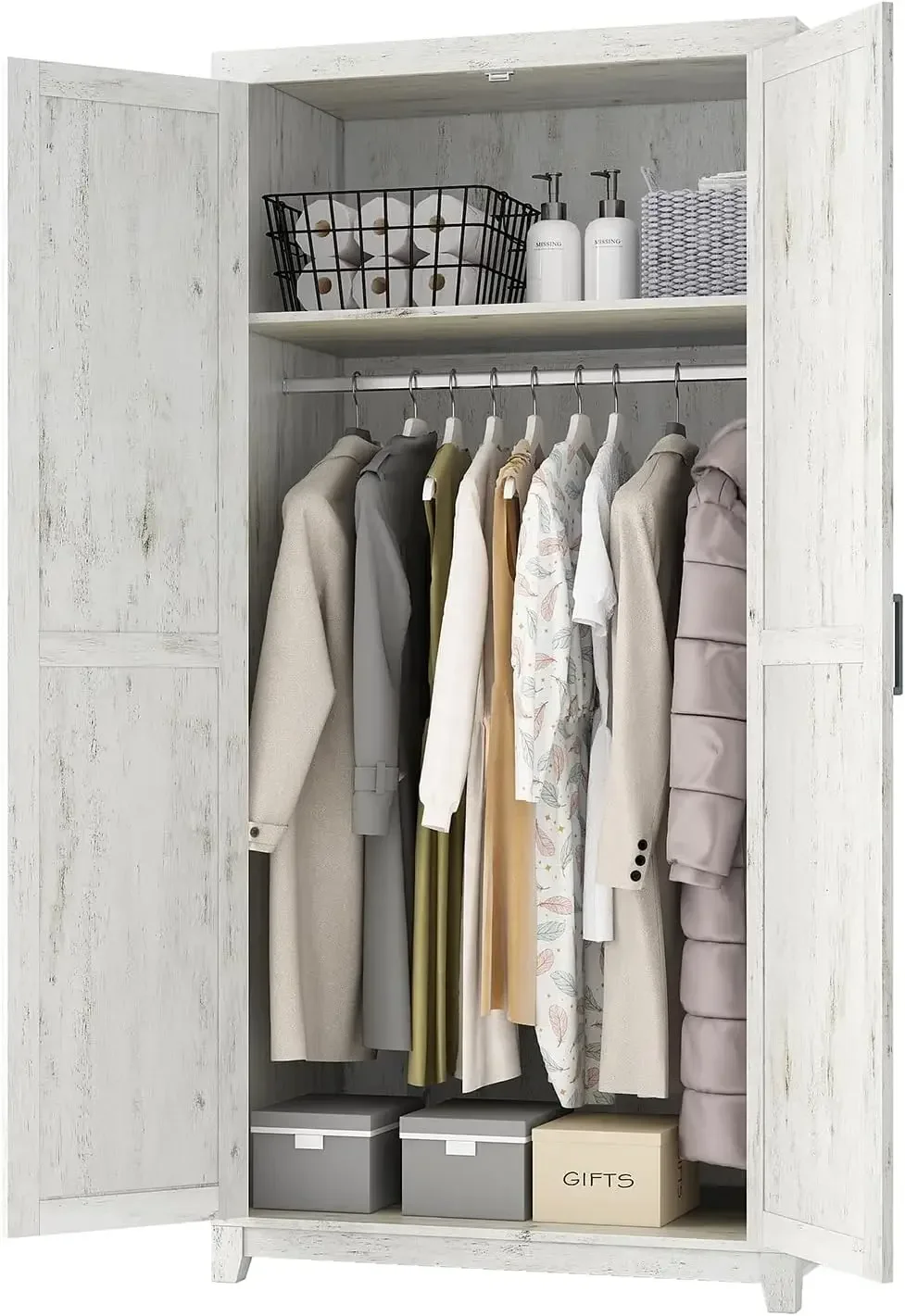 

A Wooden Tall Bedroom Farmhouse Clothing Storage Cabinet Large Armoire Wardrobe Closet With Hanging Rod