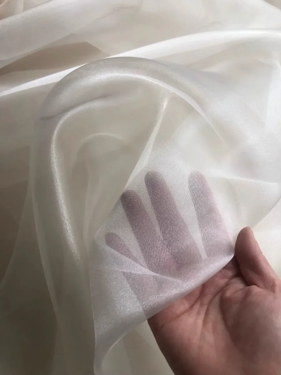 Ivory Almond Crystal Pearl Sheer Organza Fabric Thin Shiny Wedding Dress Evening Gown Designer Graduation Material Bride Dress