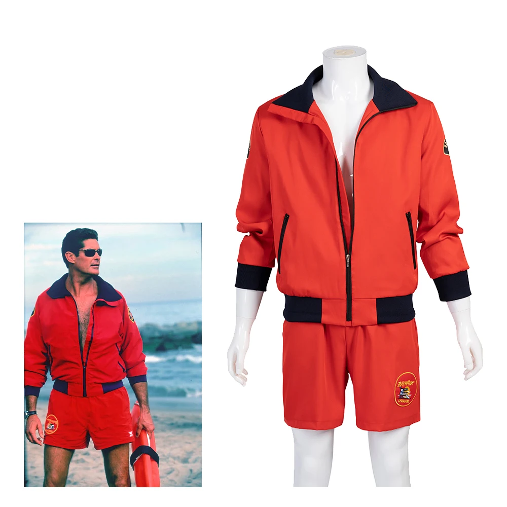 David Hasselhoff Cosplay Costume Red Jacket Coat Shorts Full Set Baywatch Style Beach Wear Halloween Party Outfits For Adult Men