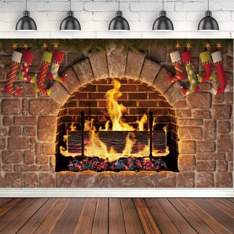 Photography Backdrop Merry Christmas Red Brick Fireplace Wood Stocking Background Banner Photophone Photo Studio Decor Poster