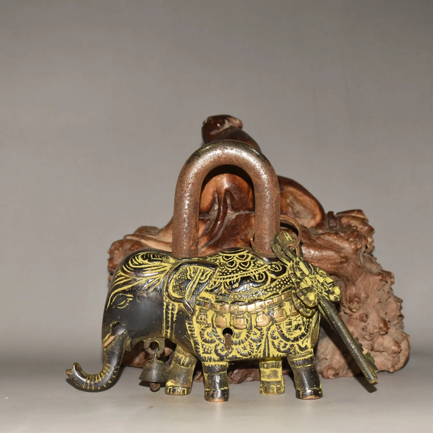 Collect Chinese Bronze Elephant Jambhala Statue China Ancient Lock and Key Set #2