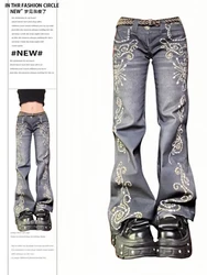 Women Harajuku Flare Jeans Grunge Japanese Harajuku Gyaru Y2K Denim Pants Cyber Punk Hip-pop 2000s Aesthetic Bell-Bottom Trouser