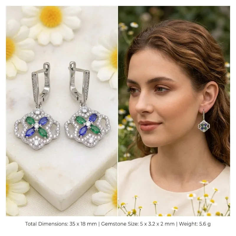 35x18mm Beautiful Multi Color Pink Mystic Real Blue Sapphire Green Emeraies CZ Woman's Dating Silver Earrings Drop Shipping