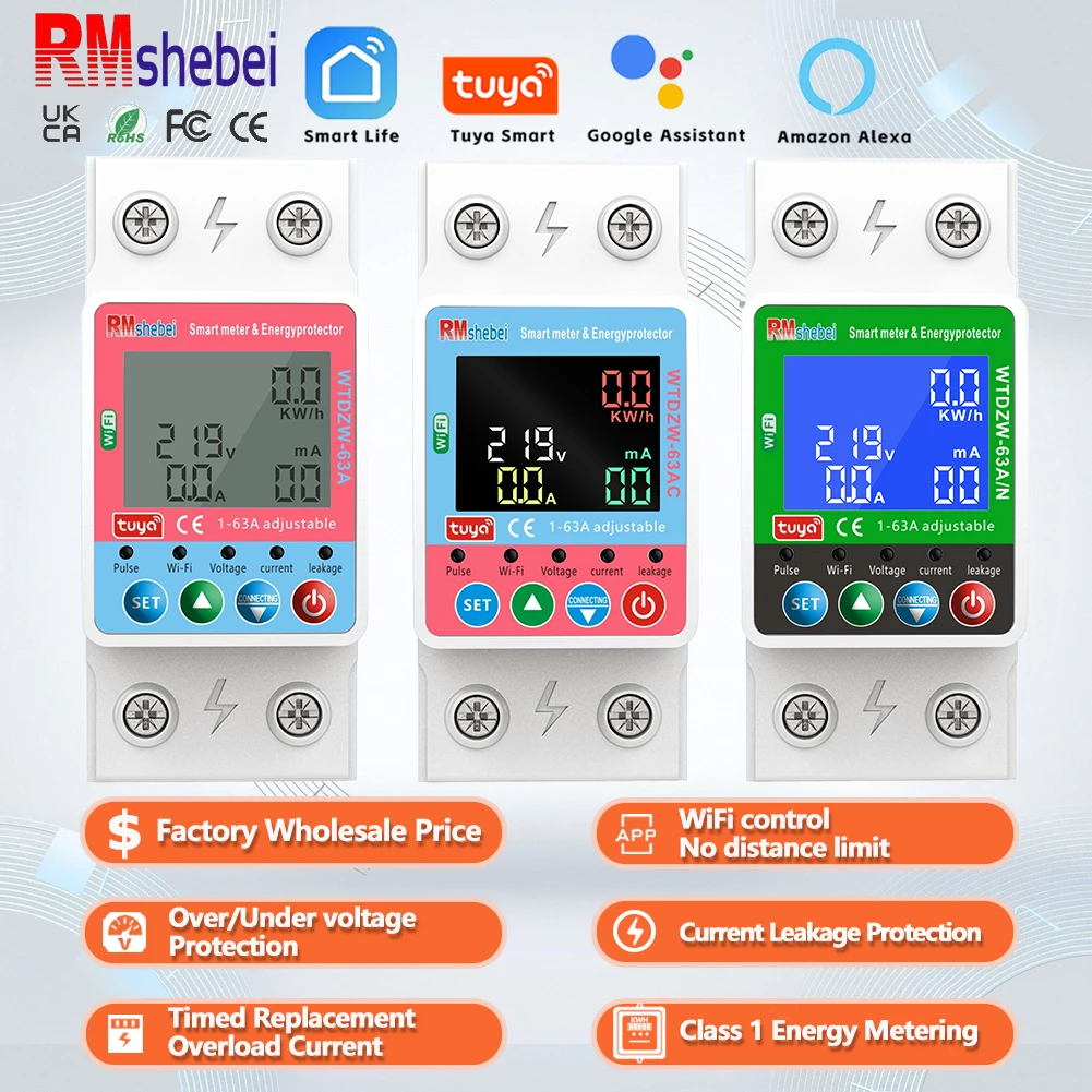 RMshebei SmartLife PV Circuit Breaker Tuya Voltage relay 220v wifi Over Current Leakage Protection timer mcb 63A Power meter110v