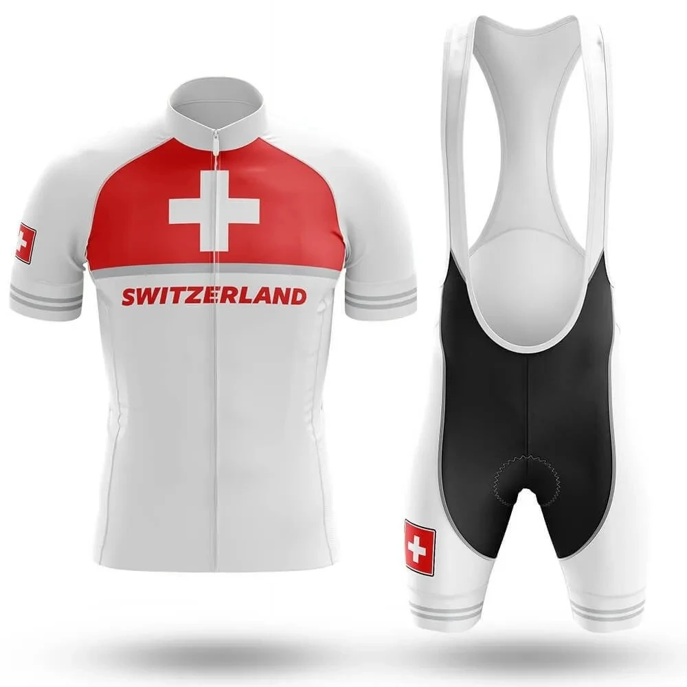 Swiss Red Cycling Jersey Set for Men, Gradient Mountain Bike Tracksuit, Summer Sportswear, 2024