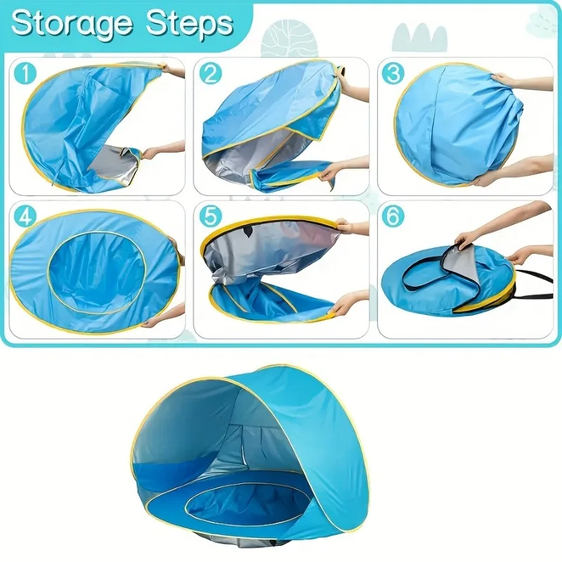 Large Foldable Kids Beach Play Tent with Water Pool Easy Setup Durable Polyester Portable for Outdoor Camping Blue Yellow Trim