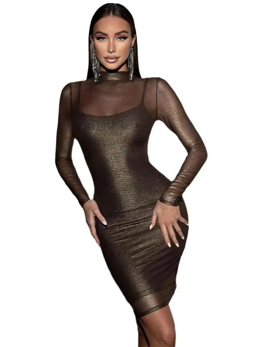 ชุดเดรสทรงบอดี้คอน แบรนด์ Faionable Me รุ่น Dr คอสูง แขนยาว สำหรับผู้หญิง กระโปรงทรงเอ ผ้าโพลีเอสเตอร์