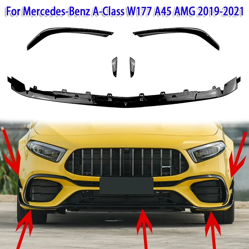 5pcs/set Car Front Bumper Lip Spoiler Lower Blade Splitter for Mercedes Benz A-Class W177 A45 AMG 2019-2021