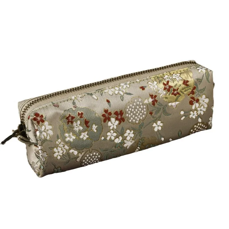 Estuche para lápices bordado de punto de estilo chino, estuche para lápices, papelería, bolsa de almacenamiento Vintage, bolsa de cosméticos con patrón de grulla de flores