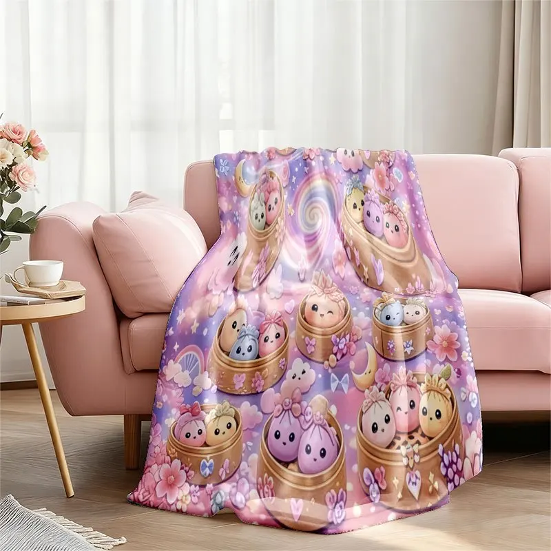 Dreamy Purple Starry Cloud Cherry Blossom Cartoon Dumpling Flannel Blanket, Full Print Bamboo Steamer with Bow And Colorful Soup