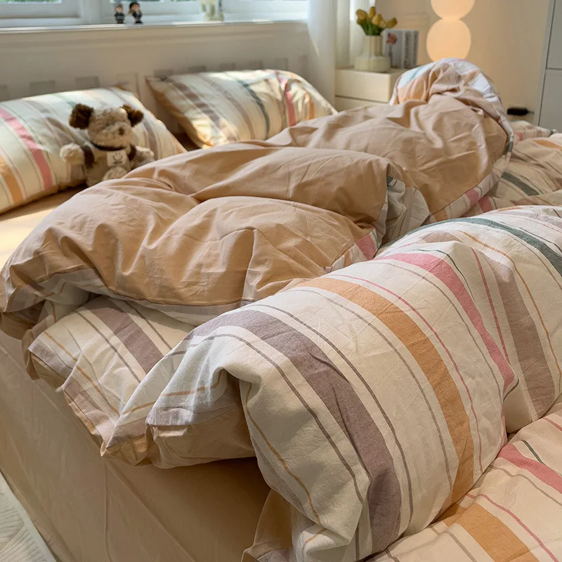 

2025 New Minimalist Striped Grid Comforter Set Washed Cotton Not Fading Soft Bedding Sets Twin Single Queen Size Bed Linens