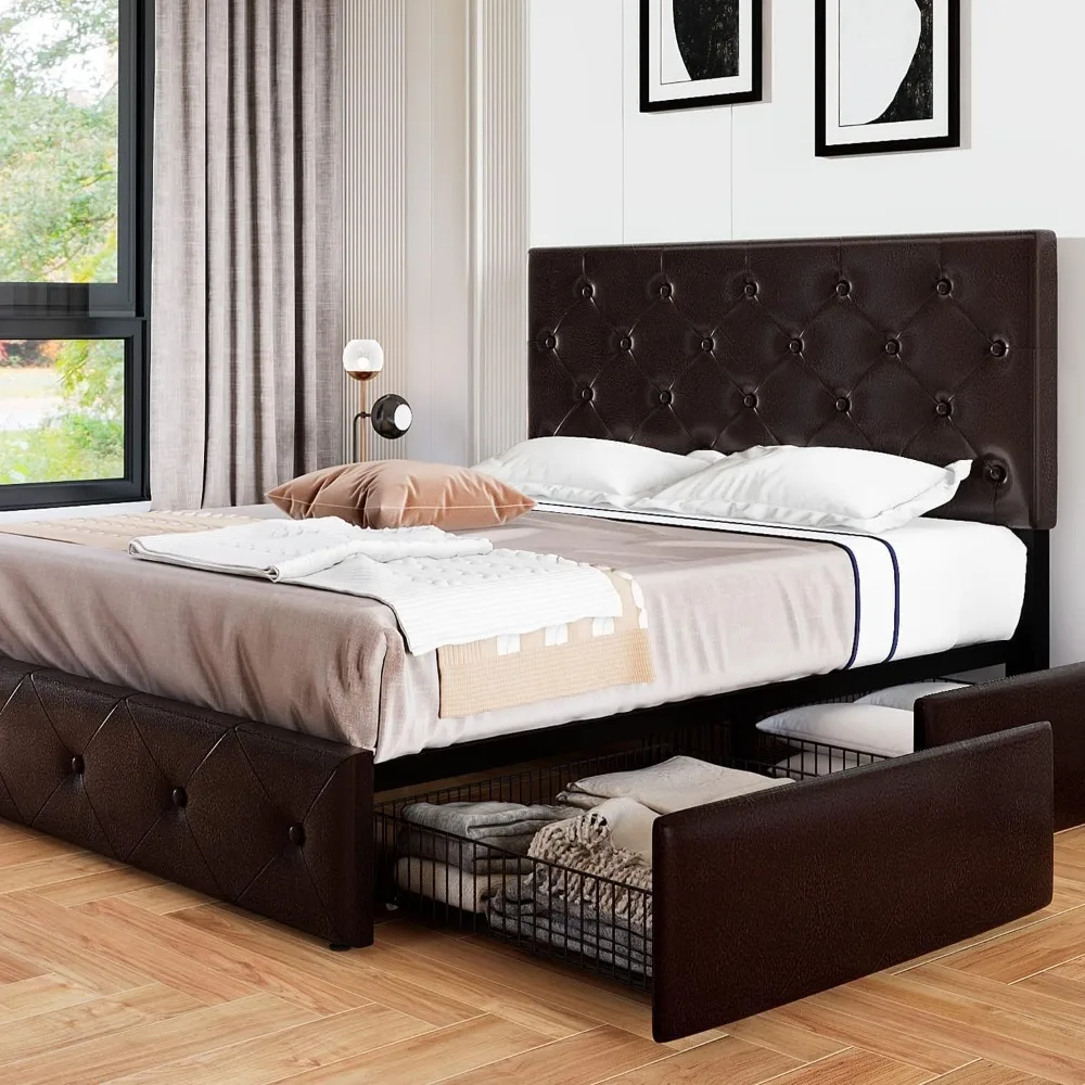 

Upholstered Queen Size Platform Bed Frame with 4 Storage Drawers and Headboard, Diamond Stitched Button Tufted