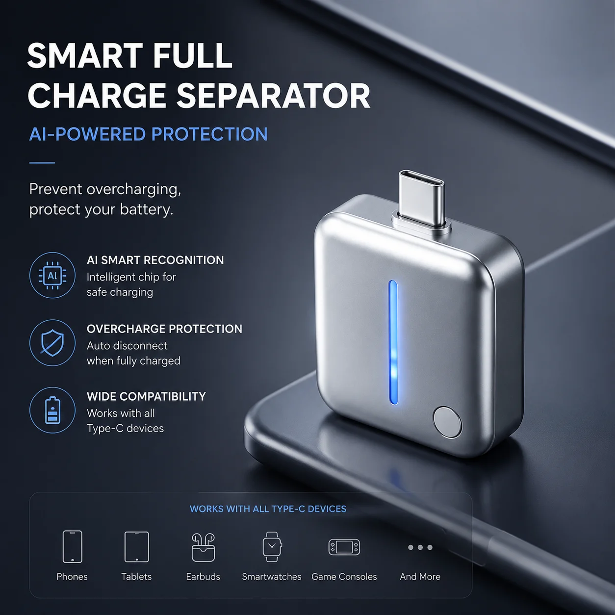 AI Smart Full Charge Disconnecter Type C Overcharge Protector Auto Disconnect Battery Saver Dual Mode Universal Device Adapter