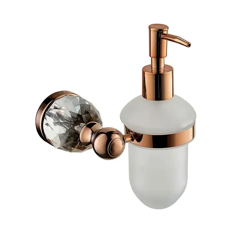 Luxury Crystal brass copper Wall Mounted Rose gold Liquid Soap Dispenser With Frosted Glass Container/bottle