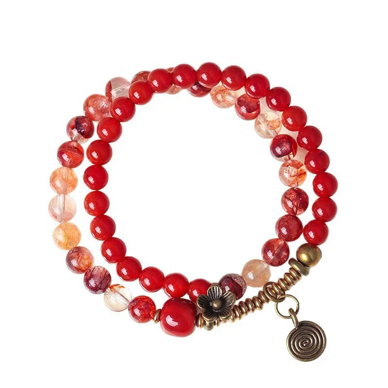 Natural Red Resin Flower Double Loop Crystal Bracelet: Vintage Tibetan Style South Agate Women's Jewelry Gift