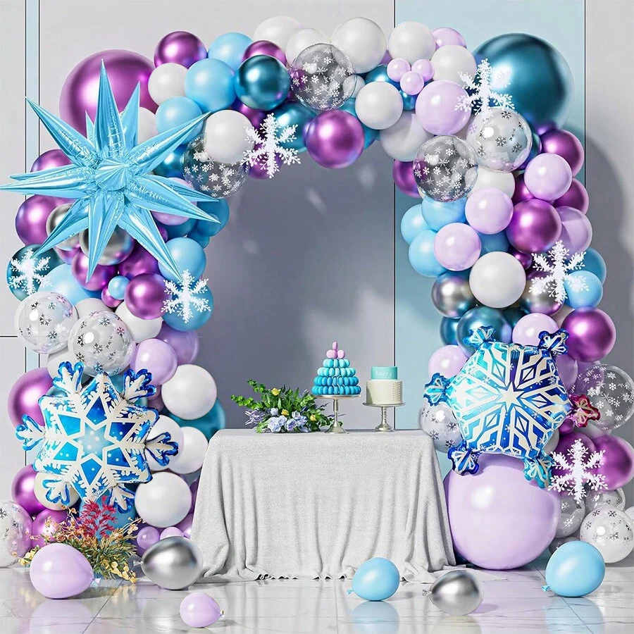 Gefrorenes Ballonbogen-Set Blau Lila Weiß Schneeflocken-Ballons für Prinzessinnen-Geburtstags- und Schneekönigin-Party-Dekorationen – Detail 1