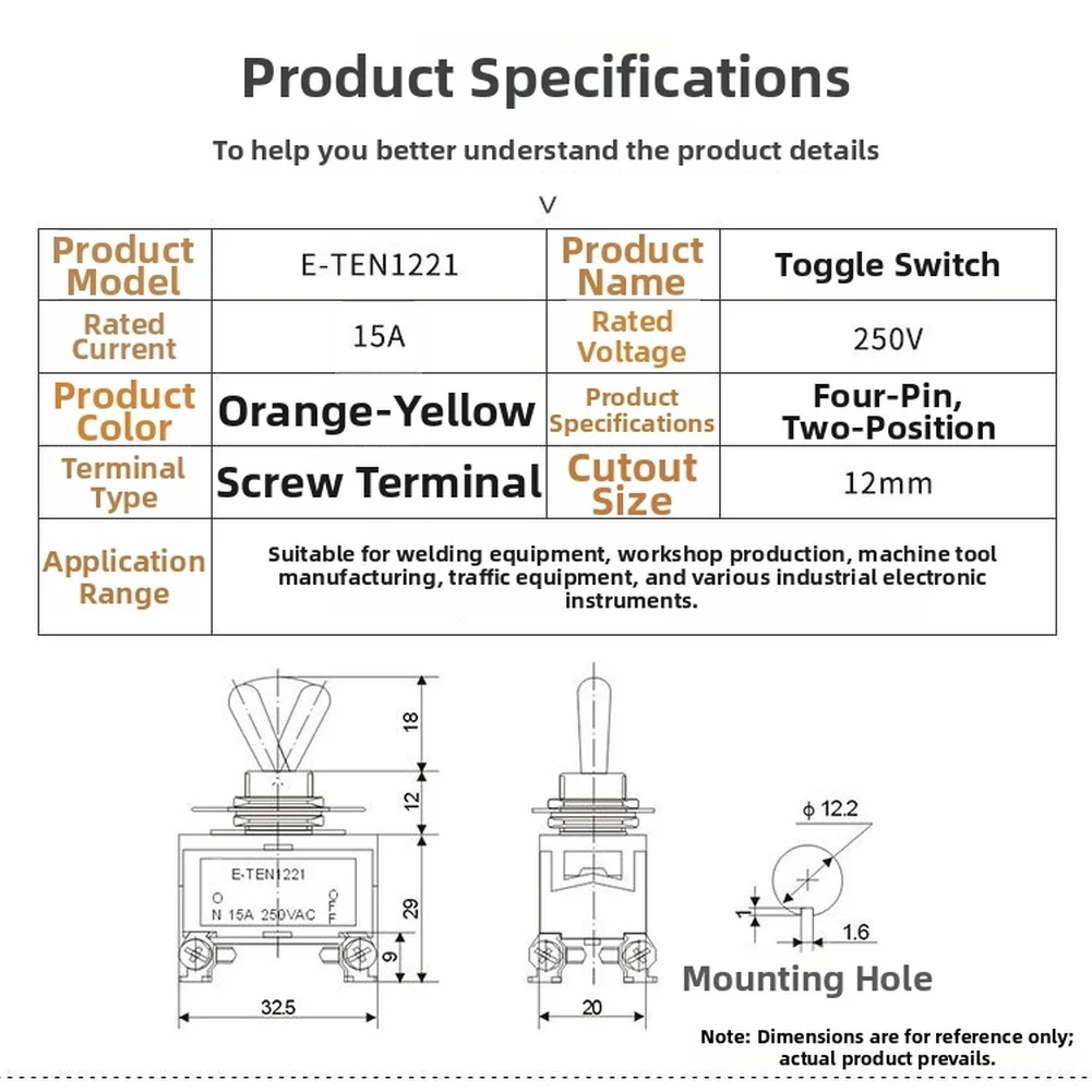 2-Way 4-Pin For For toggle Switch Designed for Industrial Use with Screw Terminal Connection and 12.2mm Panel Opening
