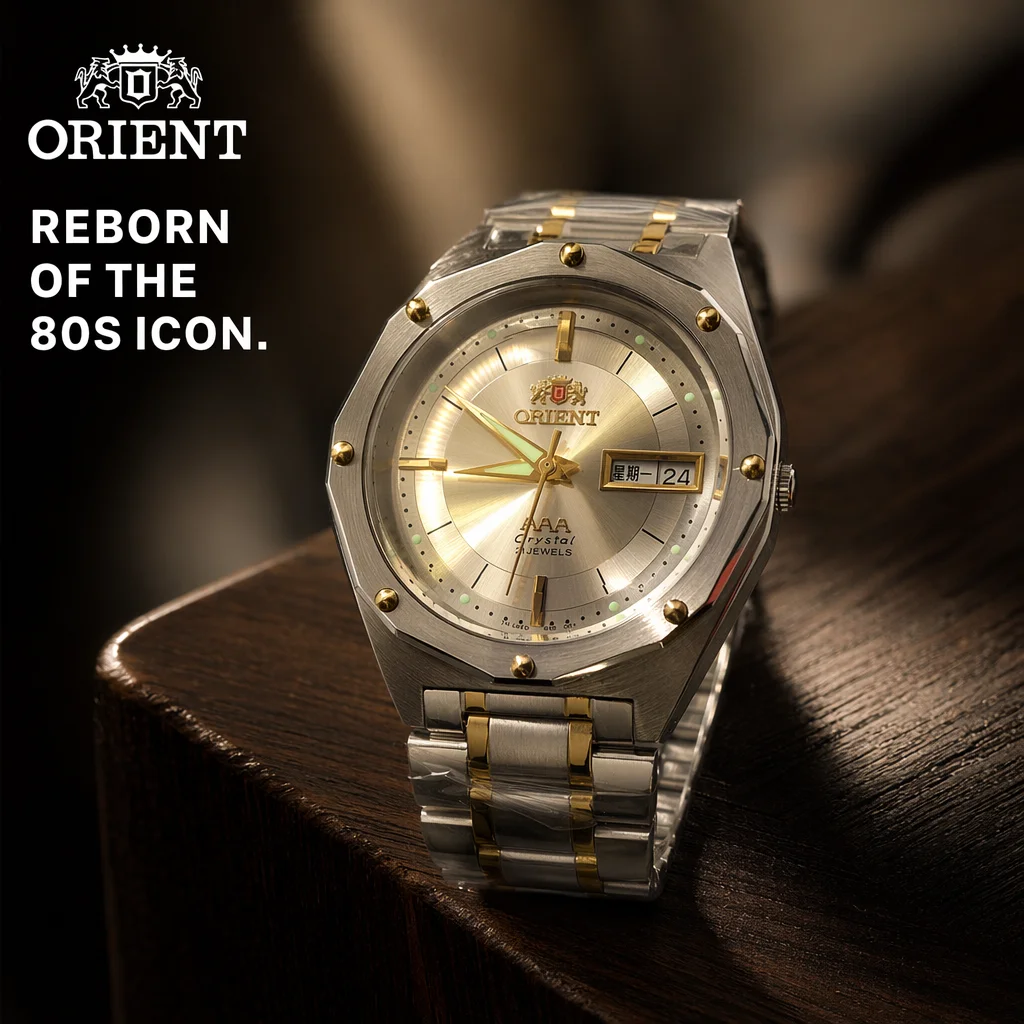 

Japan Orient Automatic Mechanical Men Watch Octagonal Case Dual Day Date Luminous 30M Waterproof Stainless Steel Wristwatch
