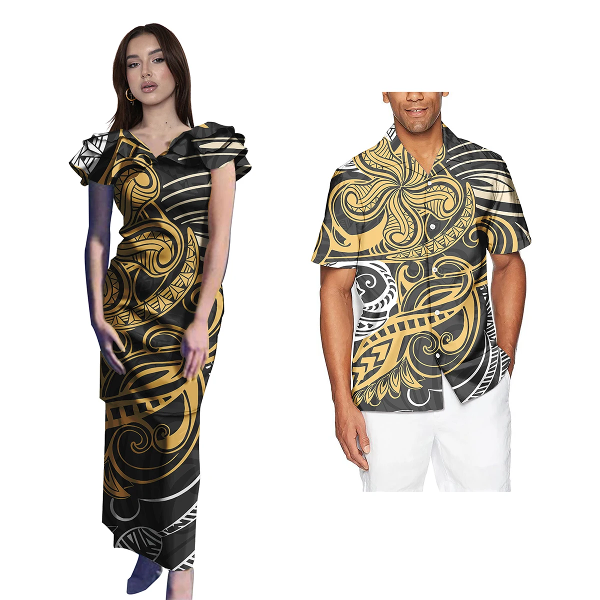 Polynesian Tribal Clothing Hawaiian Tiare Flower Print Custom Couples Matching Outfits Shirts Formal Cocktail Dresses