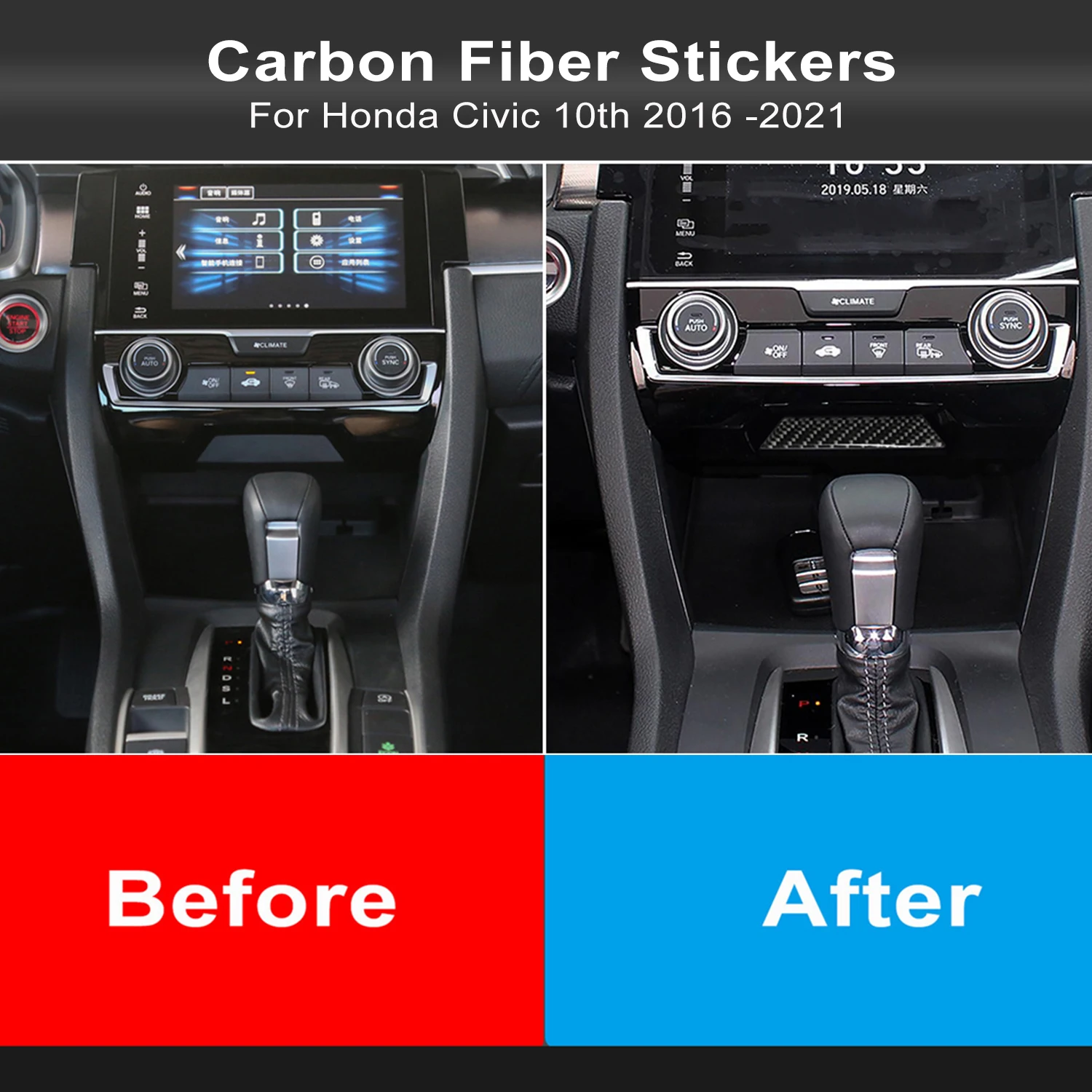 Real Carbon Fiber Sticker For Honda Civic 10th 2016 2017 2018 2019 2020 2021 Storage Box Interior Trim RHD LHD Accessories