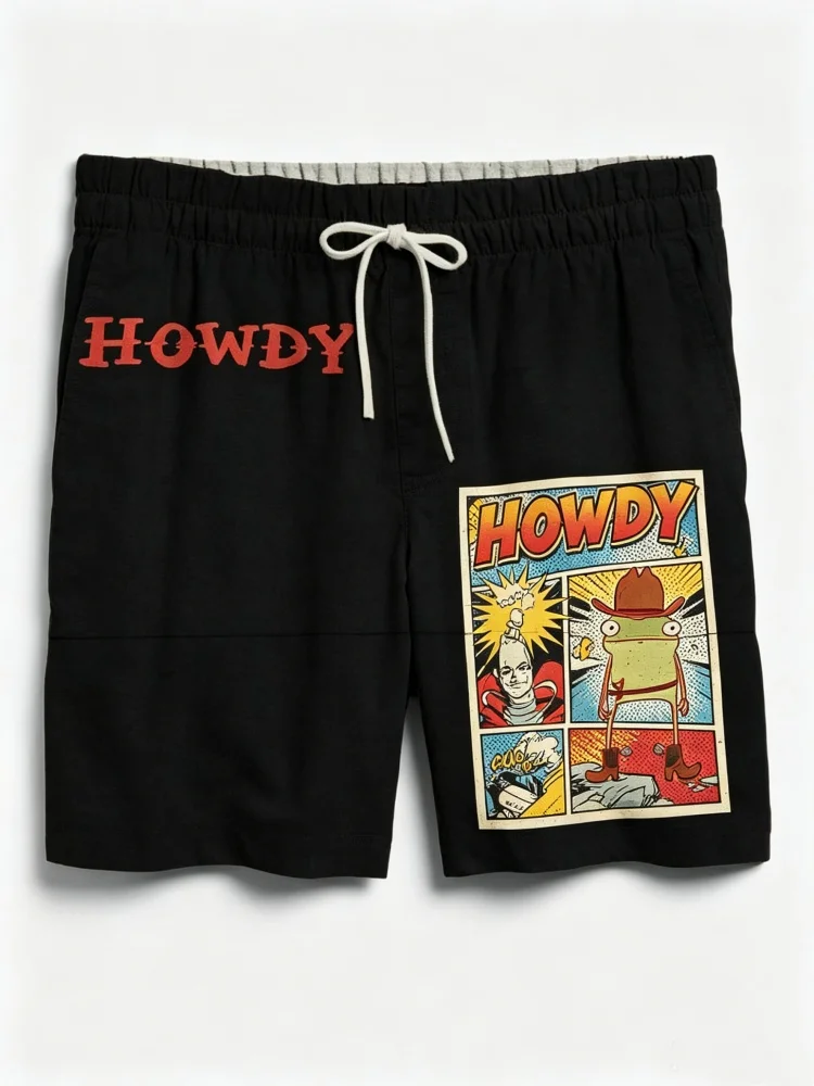 Men Howdy Cowboy Frog Comic Print Drawstring Casual Beach Shorts