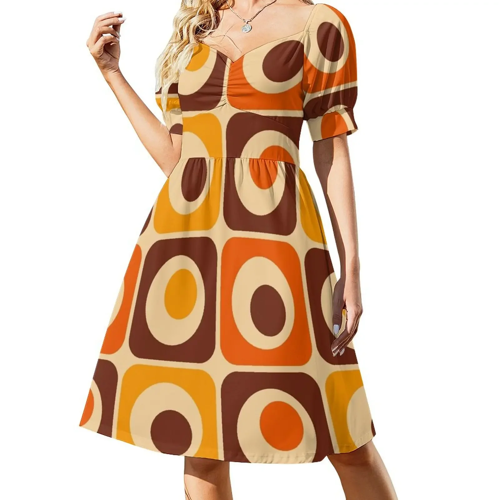 

70s Retro Vintage Style Geometric Pattern Orange Brown and Yellow Short-Sleeved Dress womans clothing luxury woman party dress