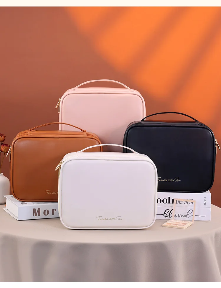 Doppelschichtige Handtasche aus PU-Leder für Make-up, Große Kapazität Reise-Kosmetikorganizer, Toilettentasche für Schönheitsprodukte, Damen – Detail 13