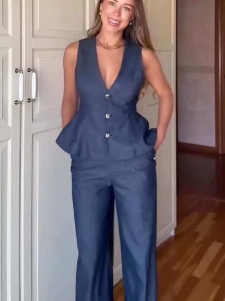 

HH женский льняной брючный костюм с пуговицами, однобортный жилет без рукавов с v-образным вырезом + повседневные шорты + карманы, широкие брюки на молнии