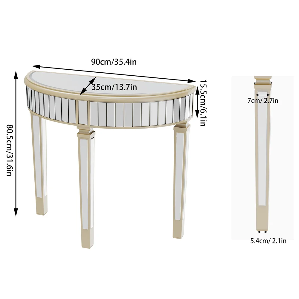 Mirrored Console Table 90cm Half Moon Champagne Trim Narrow Entryway Hallway Table for Living Room