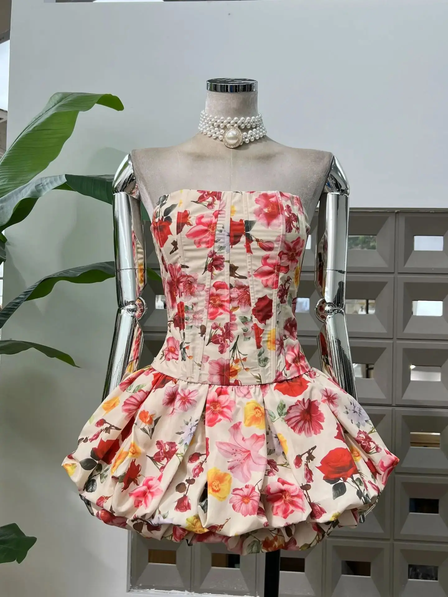 

New Fashion Printing Bone Print Strapless Bubble Hem Skirt Two-Piece Set Chic Party Resort Birthday Ball Gown Women's Dresses