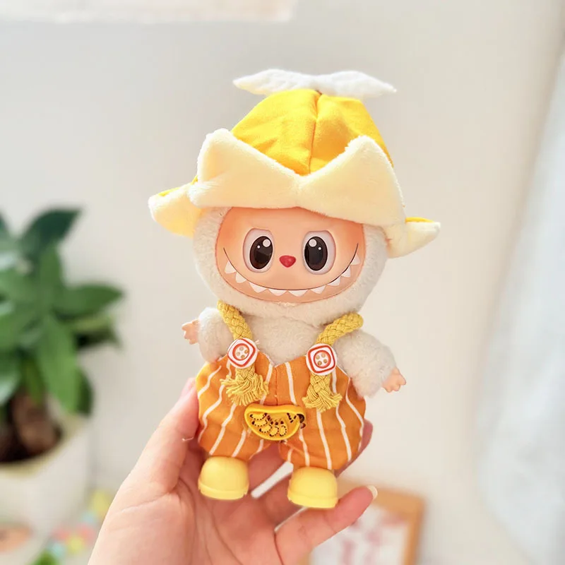 

Clothes For Labubu Sunny Banana - Themed Outfits With Yellow Hats & Orange Striped Overalls For 15cm/17cm 1st 2nd 3rd Gen