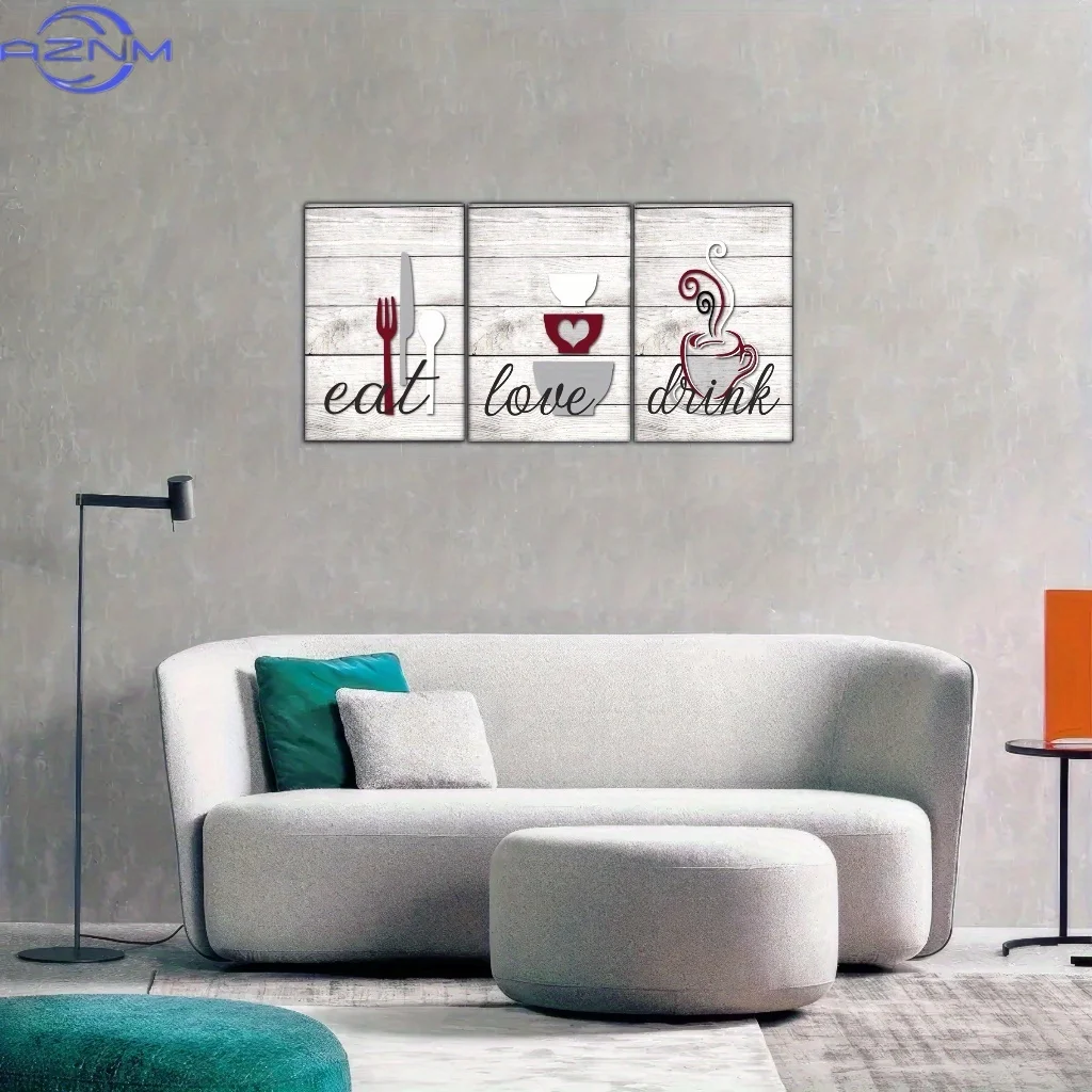 2D Flat 3pcs Framed Canvas Poster Set - Elegant Farmhouse Kitchen Art with Eat, Drink, Love Design - Rustic  Chestnut, Black & G