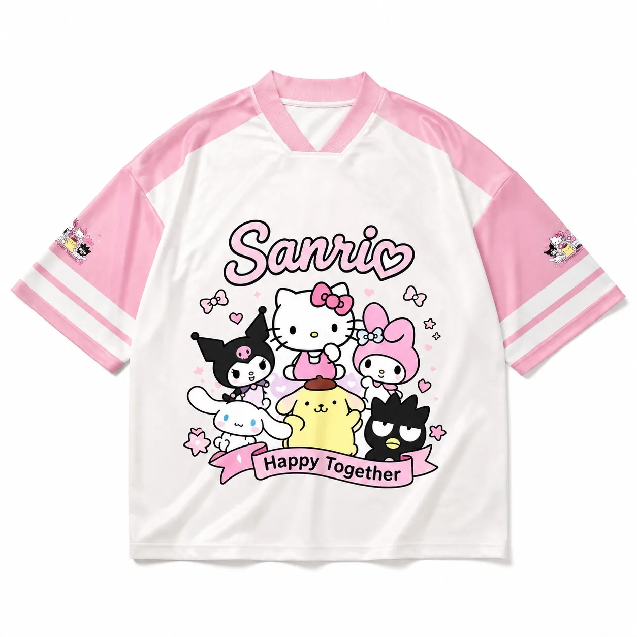 Sanrio All Stars T-Shirt Pink White Color Block V-Neck Oversized Jersey Cute Front Back Print Kawaii Streetwear Casual T-shirt view 5