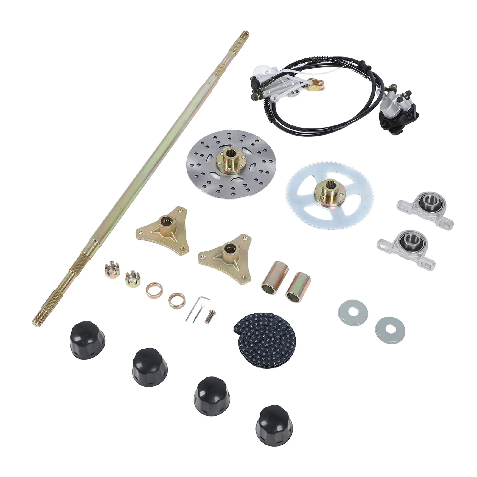 29in Go Kart Rear Live Axle Assembly Kit Axle Sprocket Chain Brake Disc Caliper Wheel Hubs for 50cc 70cc 90cc ATV Quads