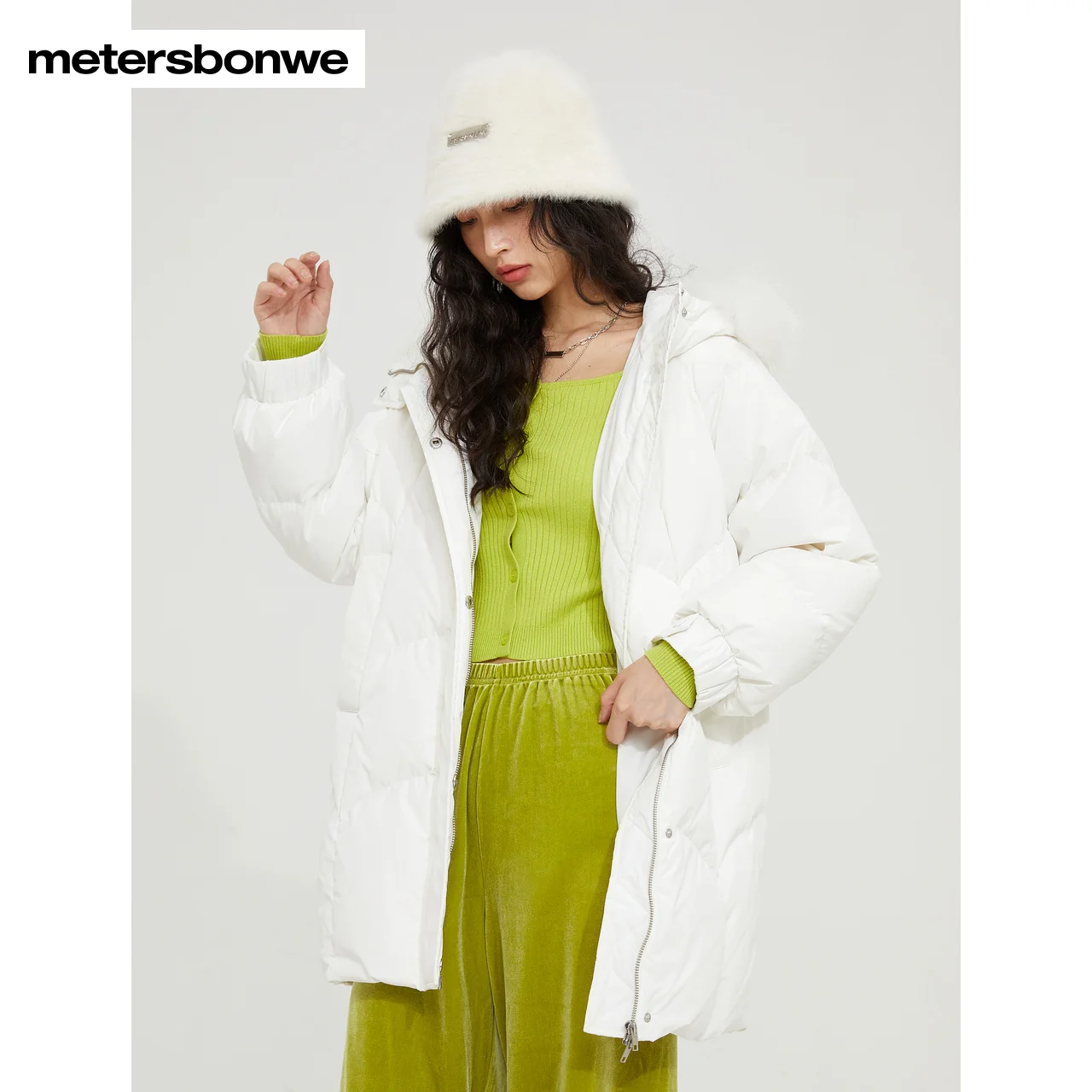 Metersbonwe-Chaqueta de plumón con capucha de longitud media para mujer, ropa gruesa y cálida, plumón de pato 80%, cuello de pelo de Marta,