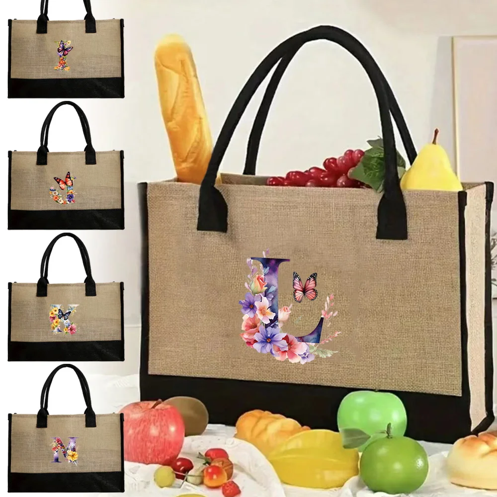 

Commuting Bags Reusable Canvas Bag Vintage Jute Bags Handbag Simplicity Imitation Sacks Tote Storage Bag Butterfly Letter Series